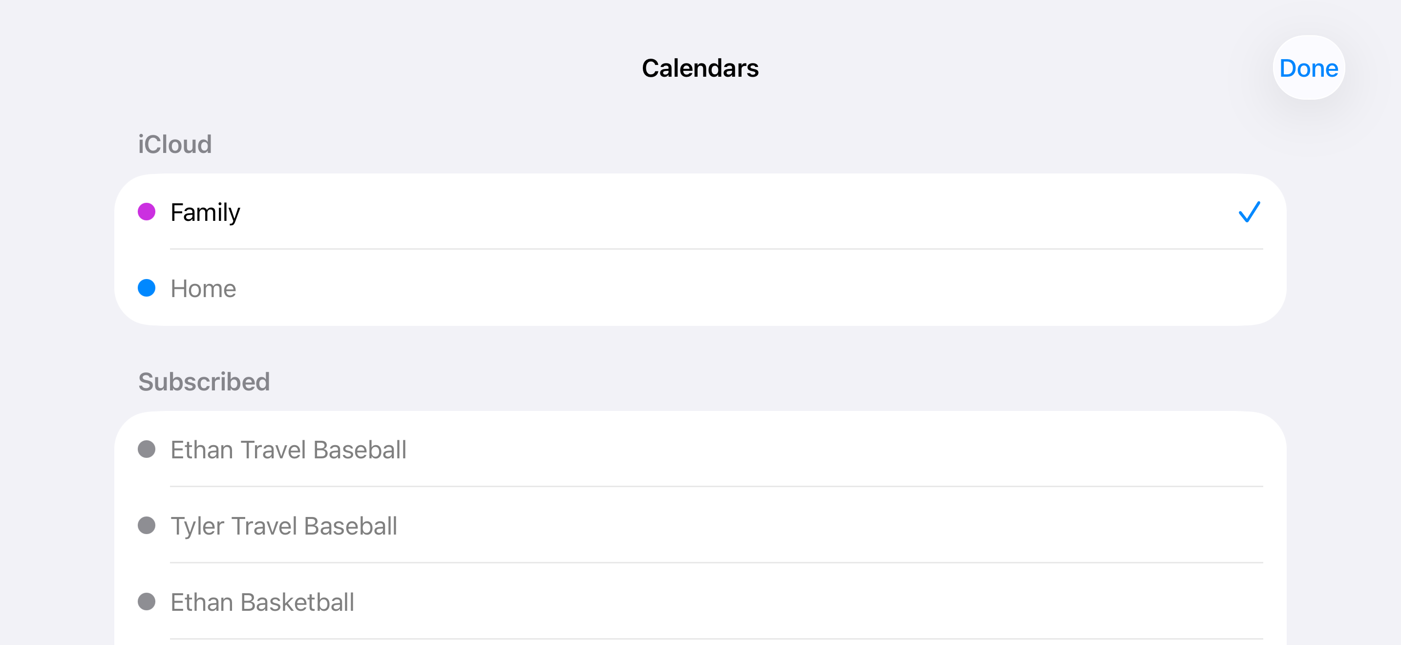 iPhone calendar list with all subscribed calendars unchecked