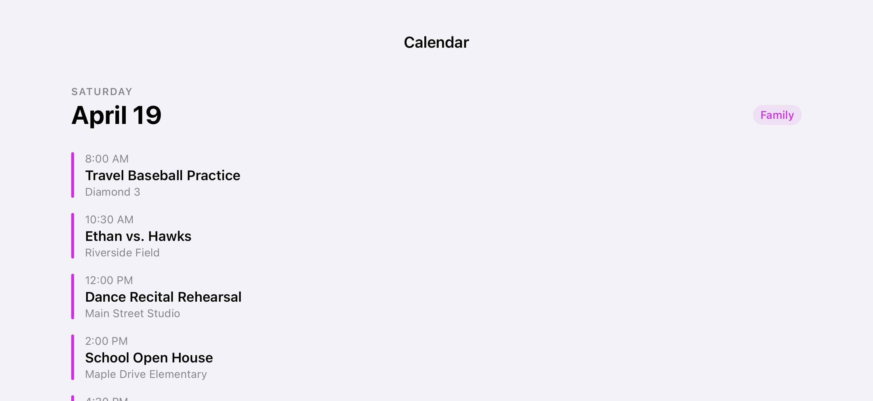 iPhone calendar showing all sports and school events in one view