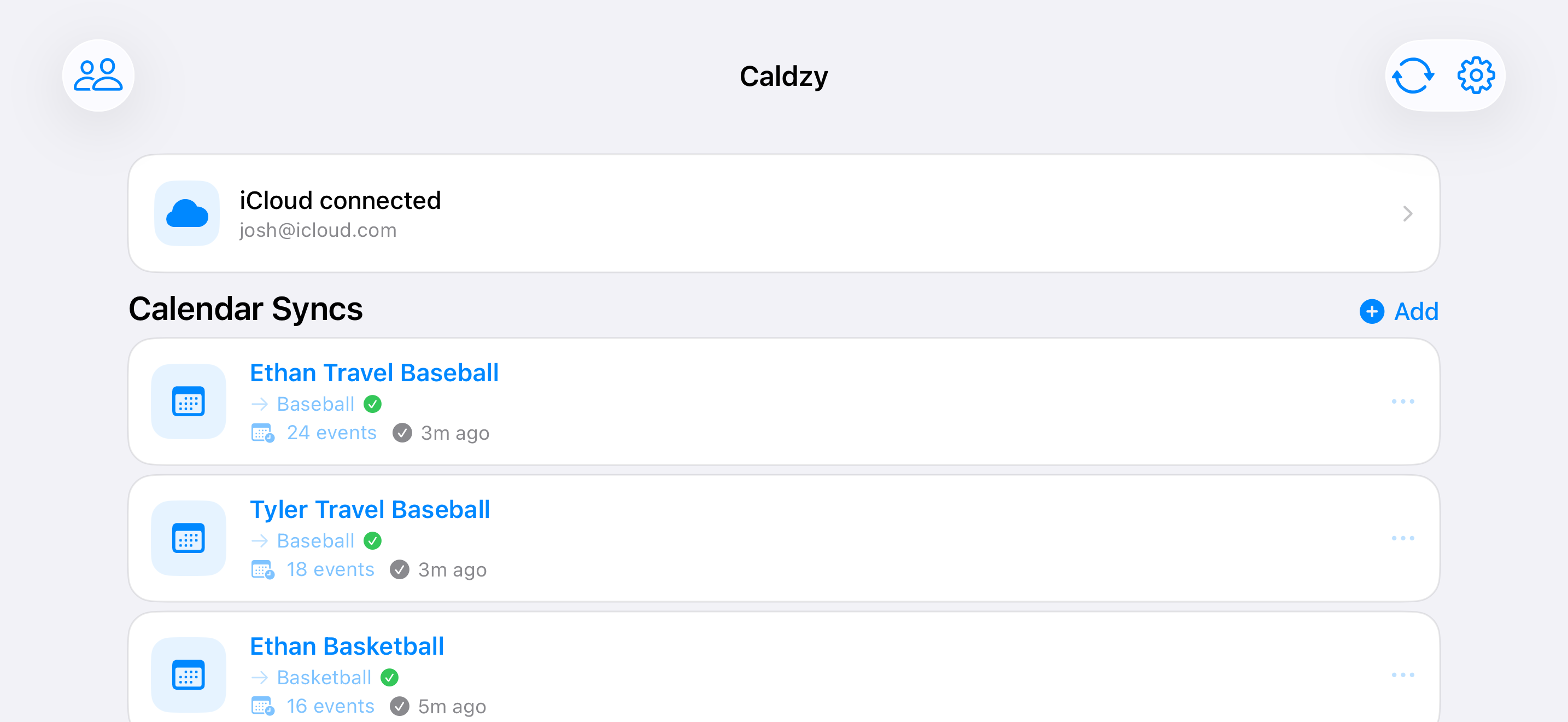 Caldzy dashboard showing synced sports team calendars for iCloud