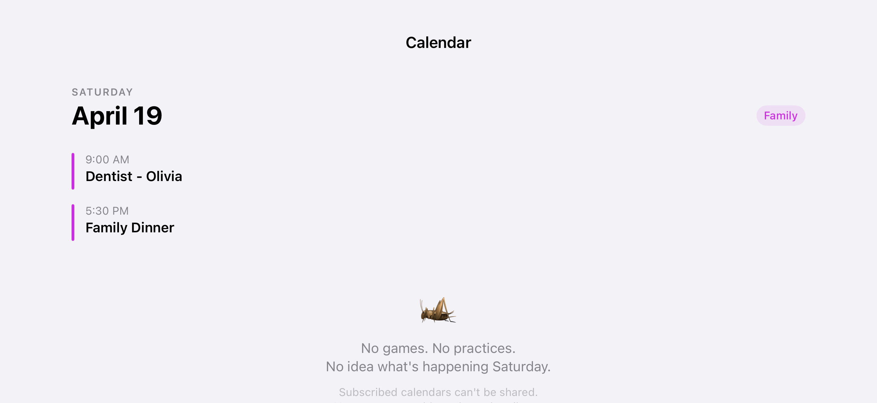 Spouse's iPhone showing only 2 family events, missing all sports
