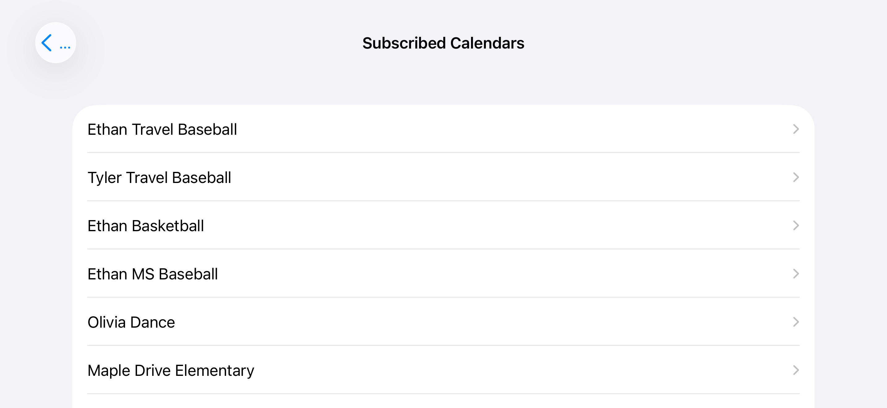 iPhone Settings showing 8 manually subscribed calendars